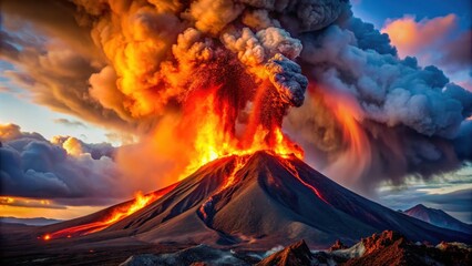 Vibrant volcanic eruption with red and orange lava flowing, chunks of smoke thrown into the sky, volcanic eruption, colorful
