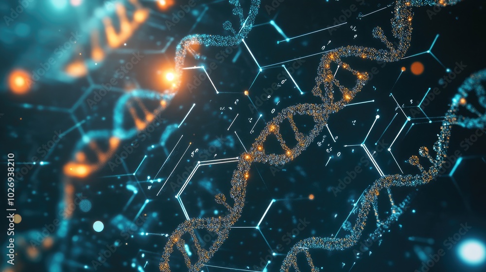 Poster a creative digital graphic featuring hexagonal patterns alongside intricate genetic codes and molecu