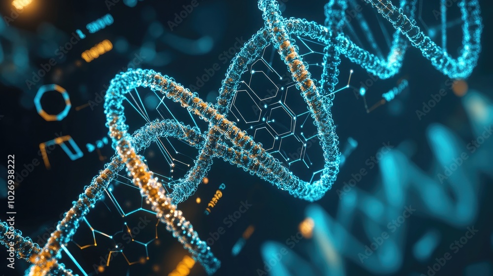 Poster a creative digital graphic featuring hexagonal patterns alongside intricate genetic codes and molecu