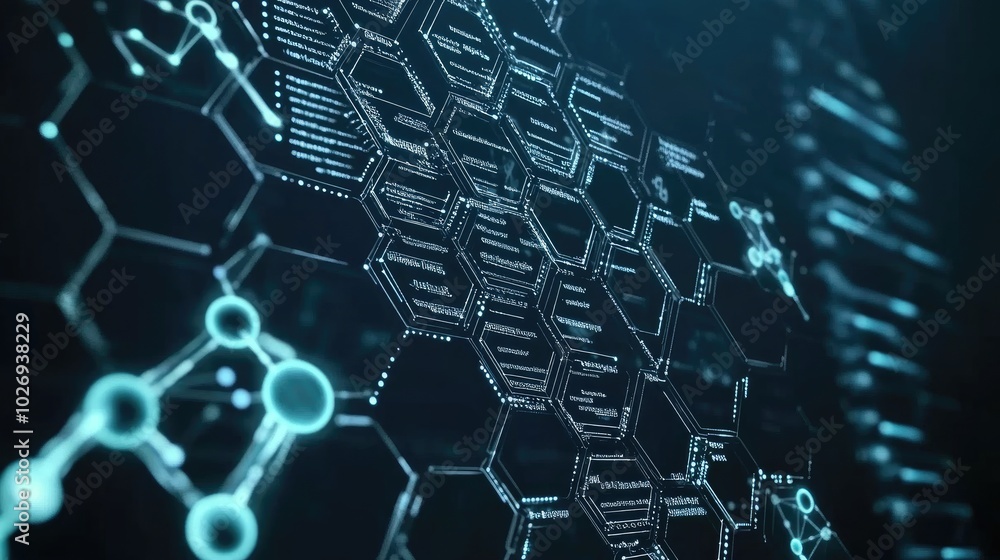 Poster a creative digital graphic featuring hexagonal patterns alongside intricate genetic codes and molecu