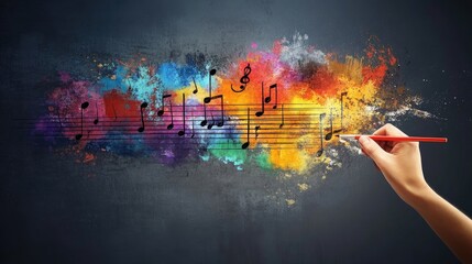 A creative hand drawing colorful musical notes with energetic paint splashes, filling a blank canvas with a vibrant artistic atmosphere.