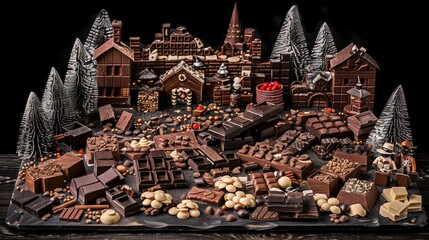 Chocolate Village with Christmas Trees and Assorted Confections