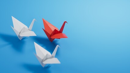 Different business concept.new ideas. paper art style. creative idea.Leaderswan concept, blue leader swan leading white swans.3D rendering on blue background.
