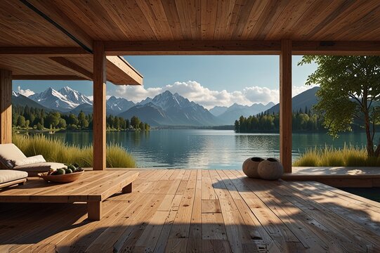 3D render of wooden terraces with view to the mountain lake
