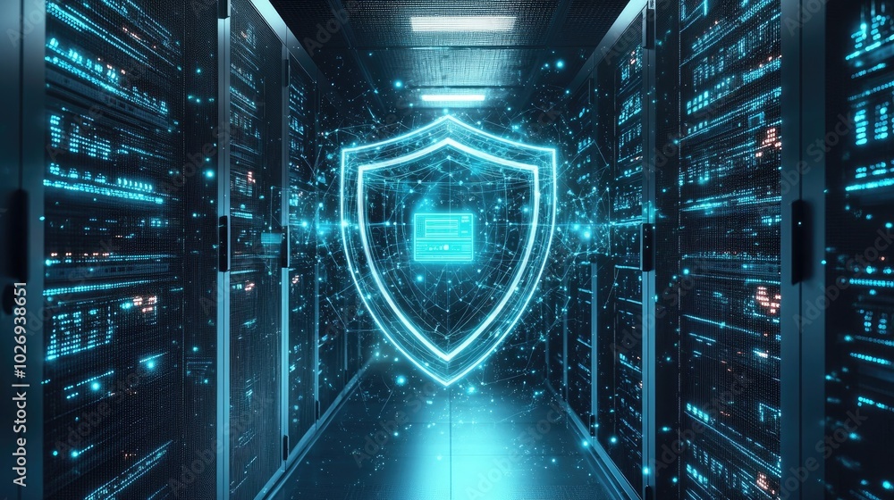 Poster a digital shield hovers over a web of servers and computers, visualizing robust cybersecurity measur