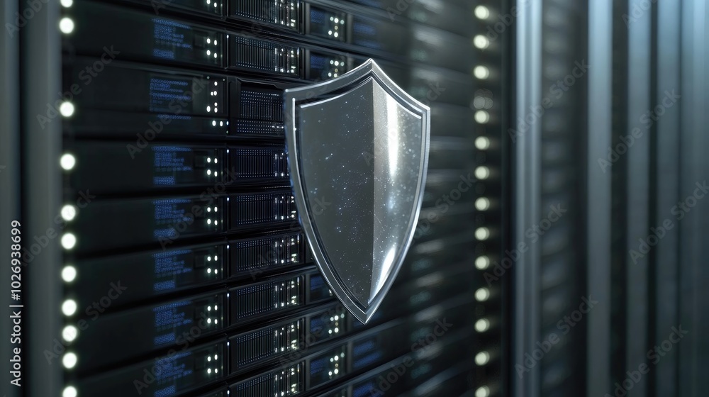 Poster a digital shield hovers over servers, symbolizing cybersecurity protection and secure data flow in a