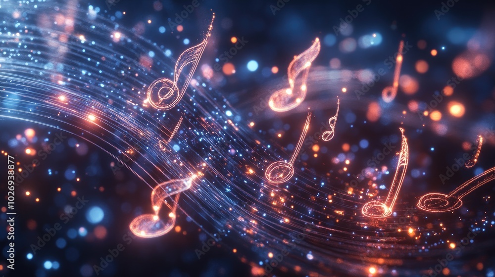 Poster a dynamic visual of flowing musical notes wrapped in glowing light trails, symbolizing the movement 
