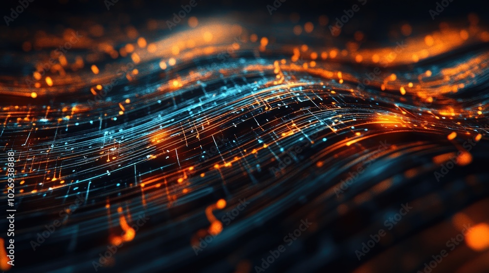 Poster a dynamic visual of flowing musical notes wrapped in glowing light trails, symbolizing the movement 