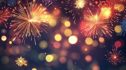 Colorful fireworks burst against a blurred background, creating a festive atmosphere.