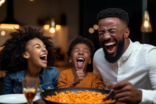 Dad making dad jokes while cooking in the kitchen, delivering puns and cheesy one-liners to his family, who groan and laugh at the same time