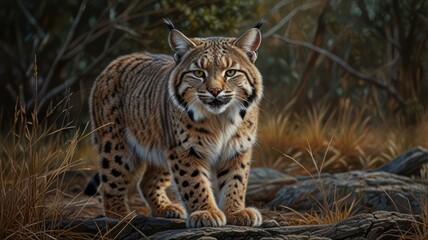 Fototapeta premium A majestic bobcat, its keen eyes piercing the undergrowth, blends seamlessly with the forest floor