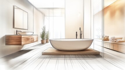 Serene Modern Bathroom Interior with Sketched Lines and Neutral Tones on White Background