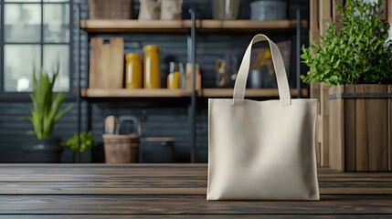 Blank Canvas Tote Bag Mockup on Rustic Wooden Table Illustration 3D photography