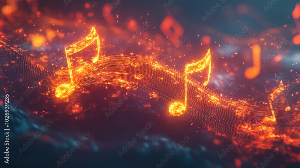 Poster a fusion of musical notes and glowing light trails, visually representing the fluid and dynamic flow