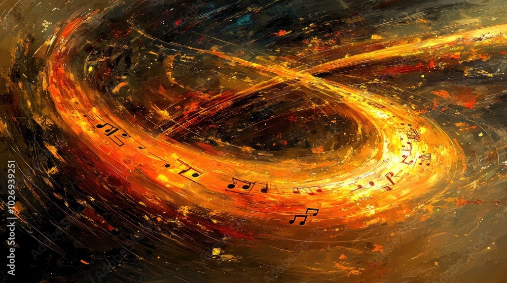 Poster a fusion of musical notes and glowing light trails, visually representing the fluid and dynamic flow