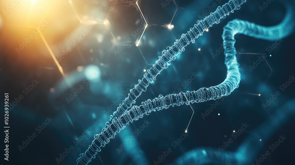 Poster a futuristic design featuring hexagonal elements intertwined with genetic sequences and molecular di