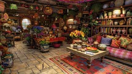 Naklejka premium A Cozy, Cluttered Living Room Filled with Decor and Plants