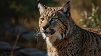 Fototapeta premium A majestic bobcat, its keen eyes piercing the undergrowth, blends seamlessly with the forest floor