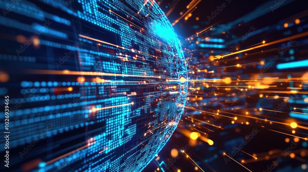 Poster a futuristic globe glows with digital energy, as data streams and lines flow around it, illustrating