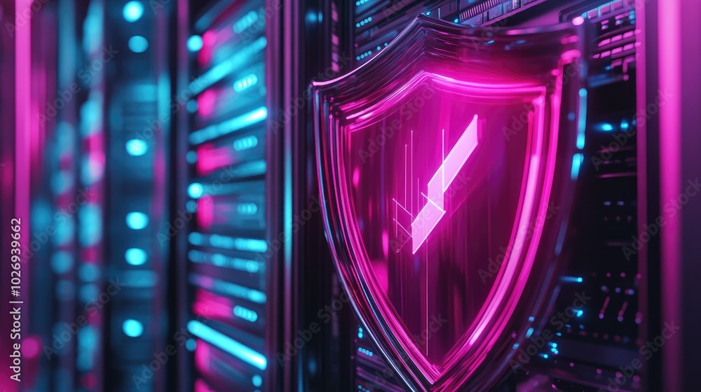 Poster a futuristic shield protects servers and computers, with glowing lines of data transmission symboliz
