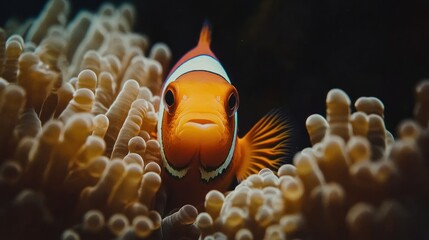 A small orange fish is looking at the camera. It is in a coral reef