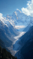Majestic snowy mountain peak with a glacier running down the valley, under a clear blue sky
