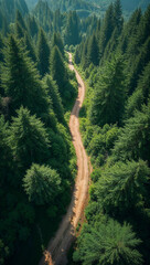 Fototapeta premium Forest road winding through dense green pine trees, captured from above