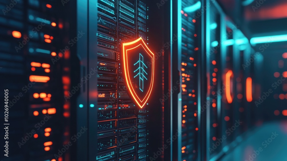 Poster a glowing digital shield protects a network of servers and computers, symbolizing the importance of 