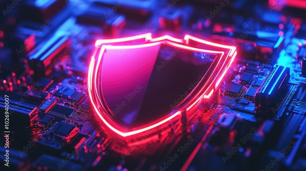 Poster a glowing digital shield protects a network of servers and computers, symbolizing the importance of 