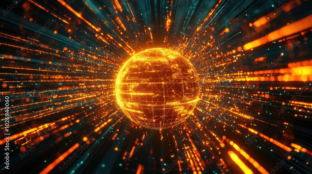 Aufkleber a glowing globe surrounded by a network of digital lines and information waves, representing the pow