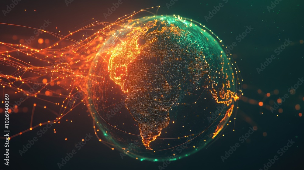 Poster a glowing globe surrounded by a network of digital lines and information waves, representing the pow