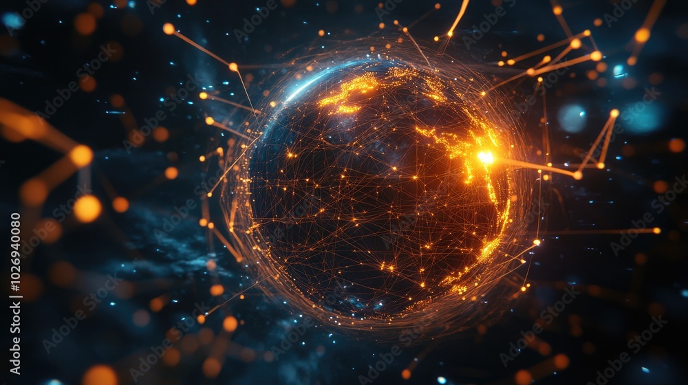 Poster a glowing globe surrounded by a network of digital lines and information waves, representing the pow