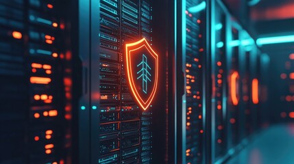 Obraz premium A glowing digital shield protects a network of servers and computers, symbolizing the importance of cybersecurity in a connected world.