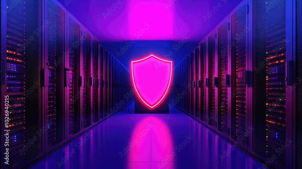 Poster a glowing shield guards a server network, symbolizing the robust cybersecurity measures that protect
