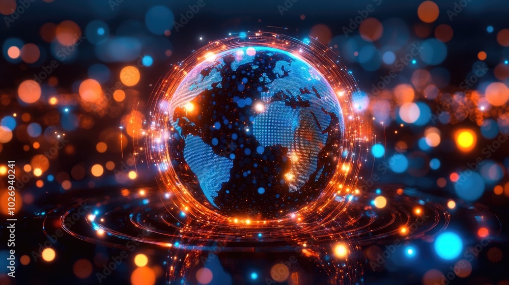 Poster a glowing world globe wrapped in digital data streams, symbolizing the fast flow of information thro