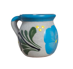 Mexican traditional cup, blue and green color with white background, PNG.