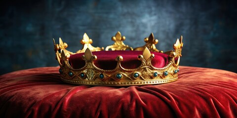 Symbolic representation of wealth through a golden crown on a velvet cushion , luxury, riches, prosperity, opulence, finance
