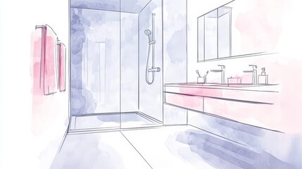 Elegant Minimalist Bathroom Interior Sketch with Soft Grey and Pink Accents