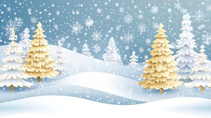 Obraz premium A high-resolution Christmas scene with golden trees and softly falling snowflakes in paper cutout format, contrasted by a shimmering, starry winter sky.