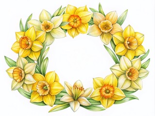Obraz premium Hand Drawn Daffodil Wreath Border for Cards and Labels - Elegant Floral Design