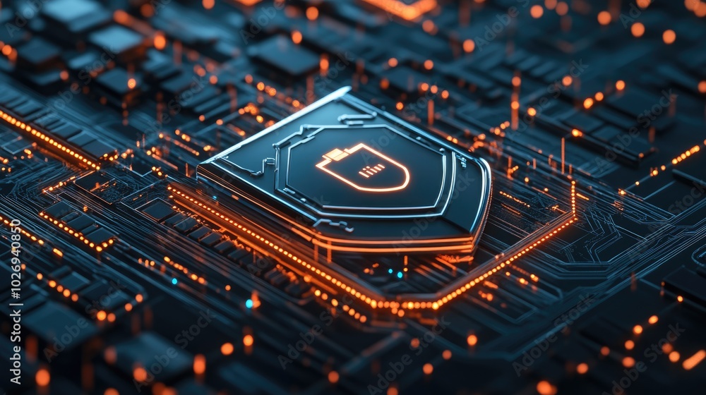 Poster a high-tech shield floats over a web of servers, symbolizing the secure protection of data and the s
