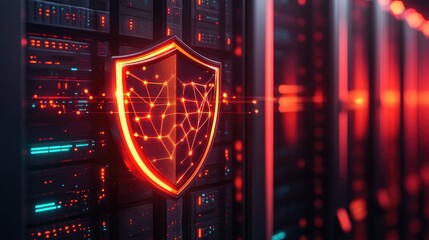 A high-tech shield floats over a web of servers, symbolizing the secure protection of data and the strength of cybersecurity defenses.