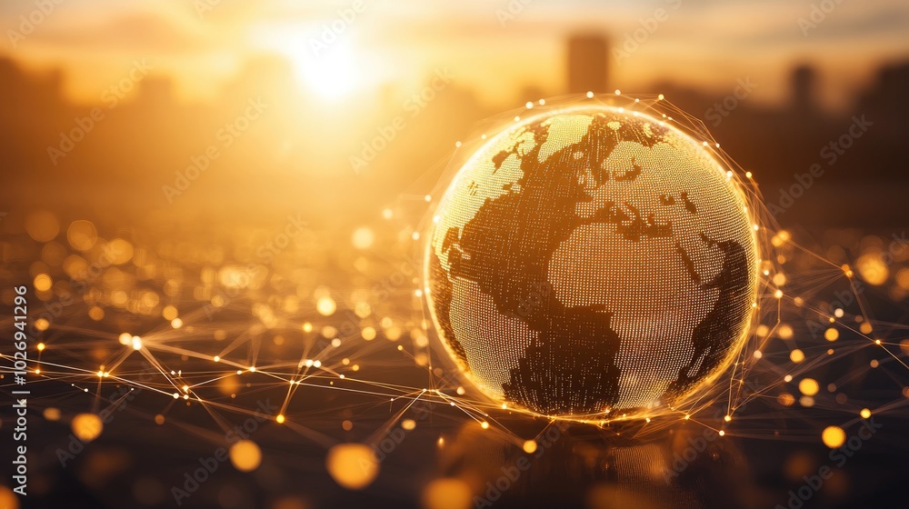 Poster a radiant digital globe surrounded by data streams and lines, symbolizing worldwide internet communi