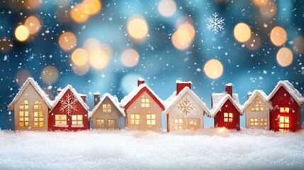 A picturesque Christmas scene in a snowy village with brightly lit houses, festive decorations, and snowflakes falling under a sky glowing with holiday lights.