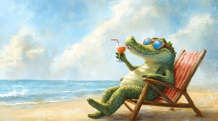 A quirky beach scene with a crocodile wearing shades, reclining on a deck chair, and sipping a tropical cocktail under the warm beach sun.