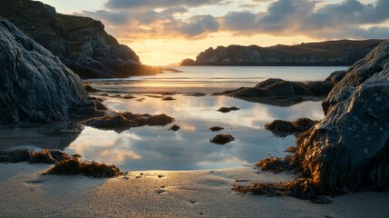 Fototapeta premium Serene Sunset Over Rugged Coastal Landscape with Reflective Lake