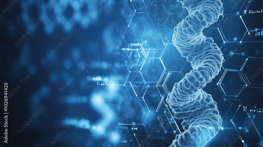 Poster a sleek digital graphic of hexagonal patterns intertwined with genetic sequences and molecular diagr