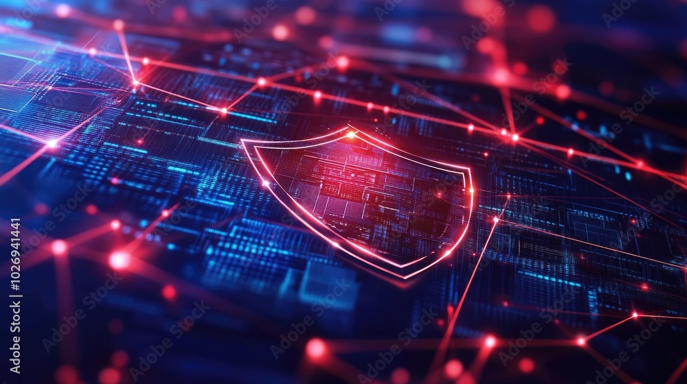 Poster a sleek digital shield hovers over an interconnected network of servers, representing secure data pr