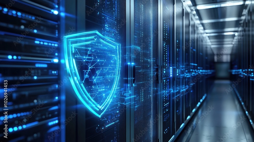 Poster a sleek digital shield hovers over an interconnected network of servers, representing secure data pr