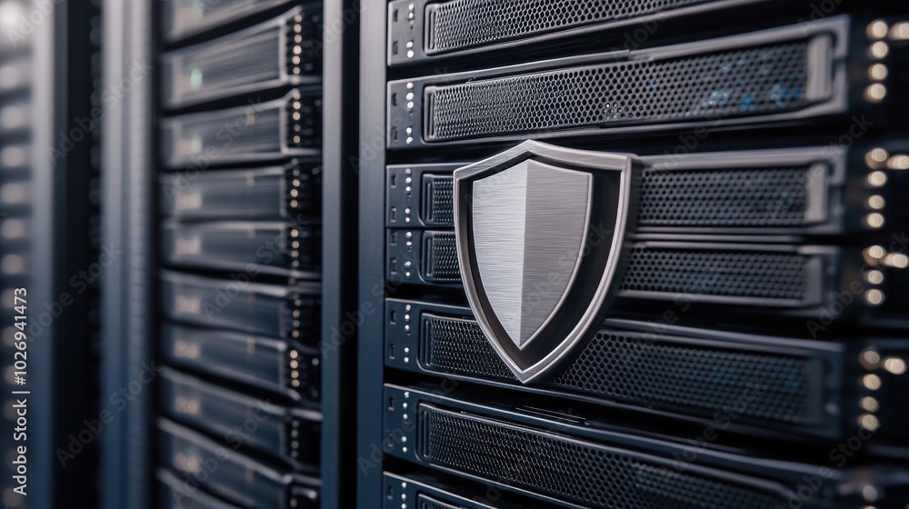 Poster a sleek digital shield surrounds a cluster of servers, representing secure data transmission and enh